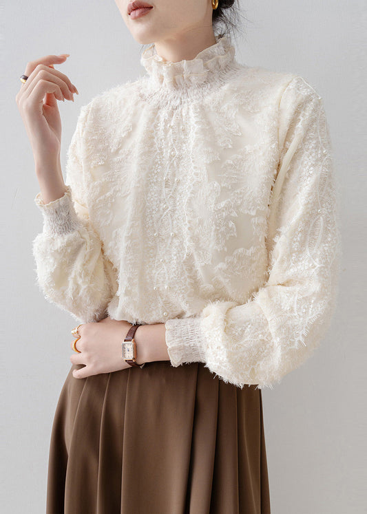 Beige Stand Collar Warm Fleece Blouse Tops Winter