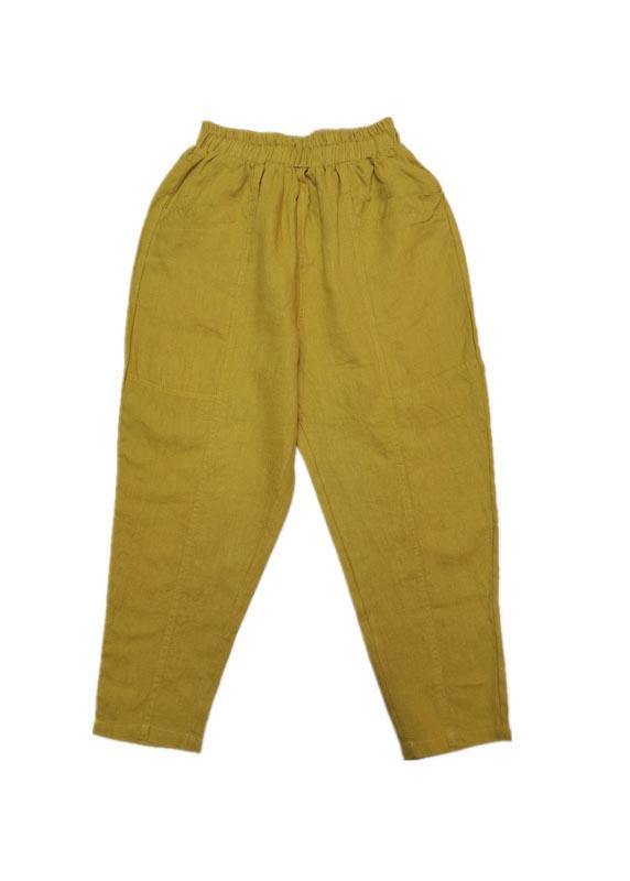 Natural Yellow Pockets Cotton Linen Pants Summer