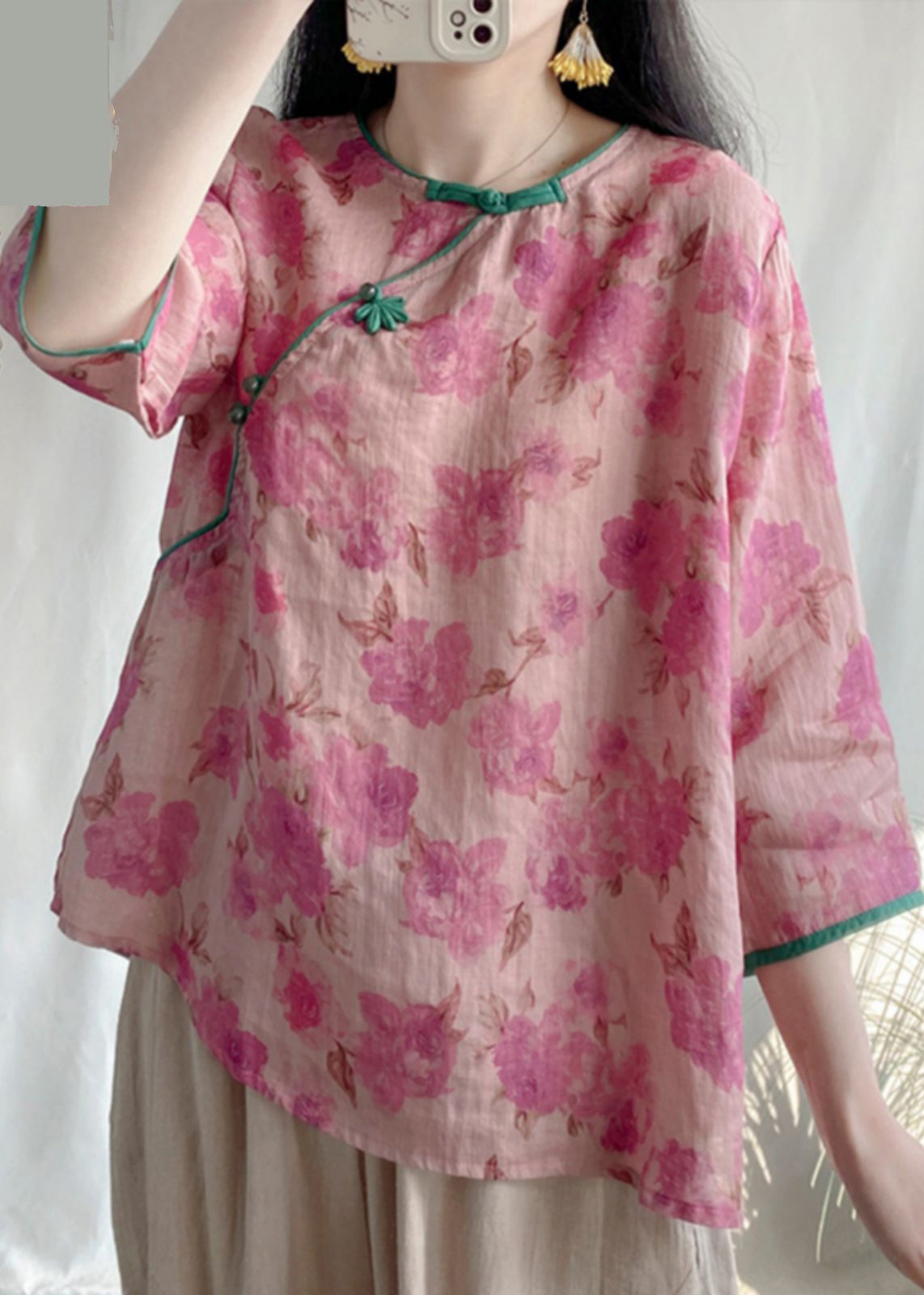 Pink Print Linen Oriental Blouses Bracelet Sleeve