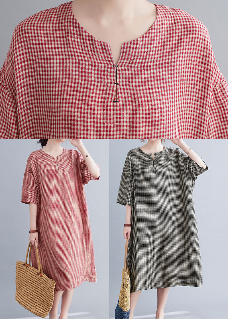 Red Pockets Plaid Cotton Vacation Dresses Short Sleeve