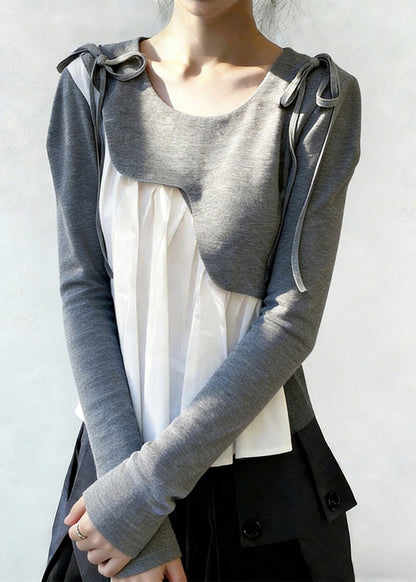 New Grey Asymmetrical Lace Up Patchwork Cotton T Shirts Spring