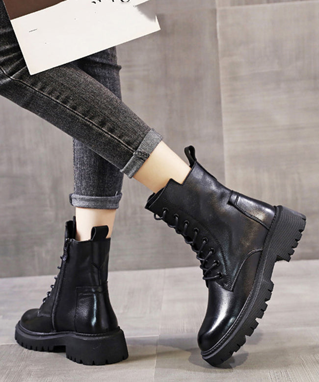 Black Boots Warm Fleece Lace Up Chunky Boots