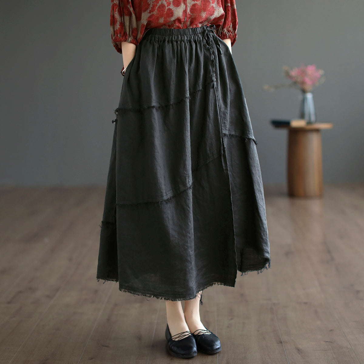 Cozy Autumn Trim Linen A-line Skirt