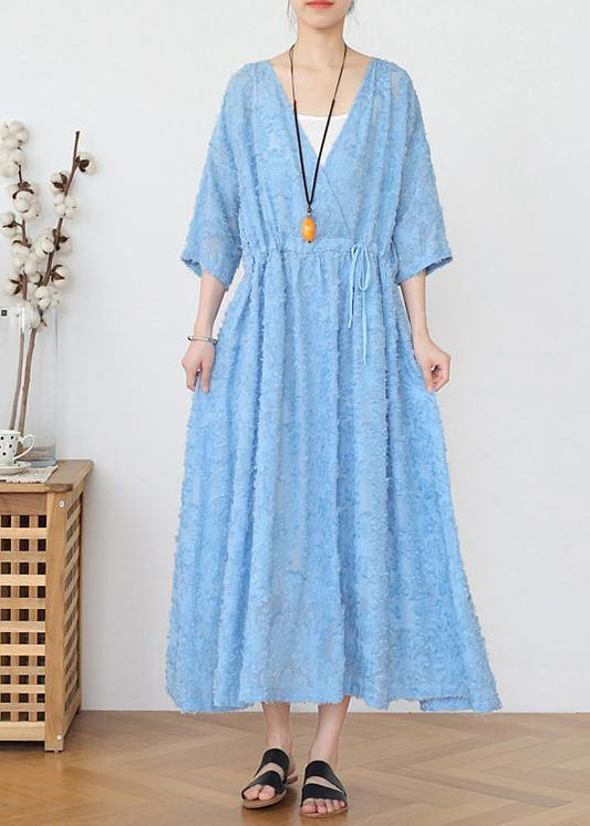 Blue Chiffon Cinched Holiday Dress in Spring Summer