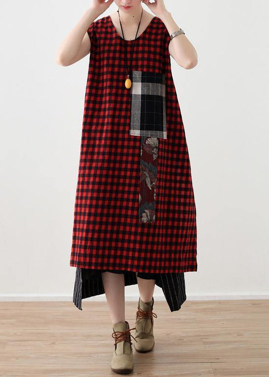 Diy Plaid Patchwork Linen Cotton Wardrobes Work Outfits Sleeveless a Line Summer Dress