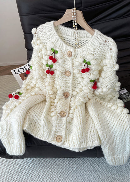 White Cherry Decorated Knit Cardigan Fall
