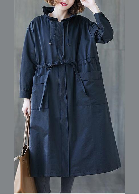 Fall Black Ruffled Drawstring Zippered Coats