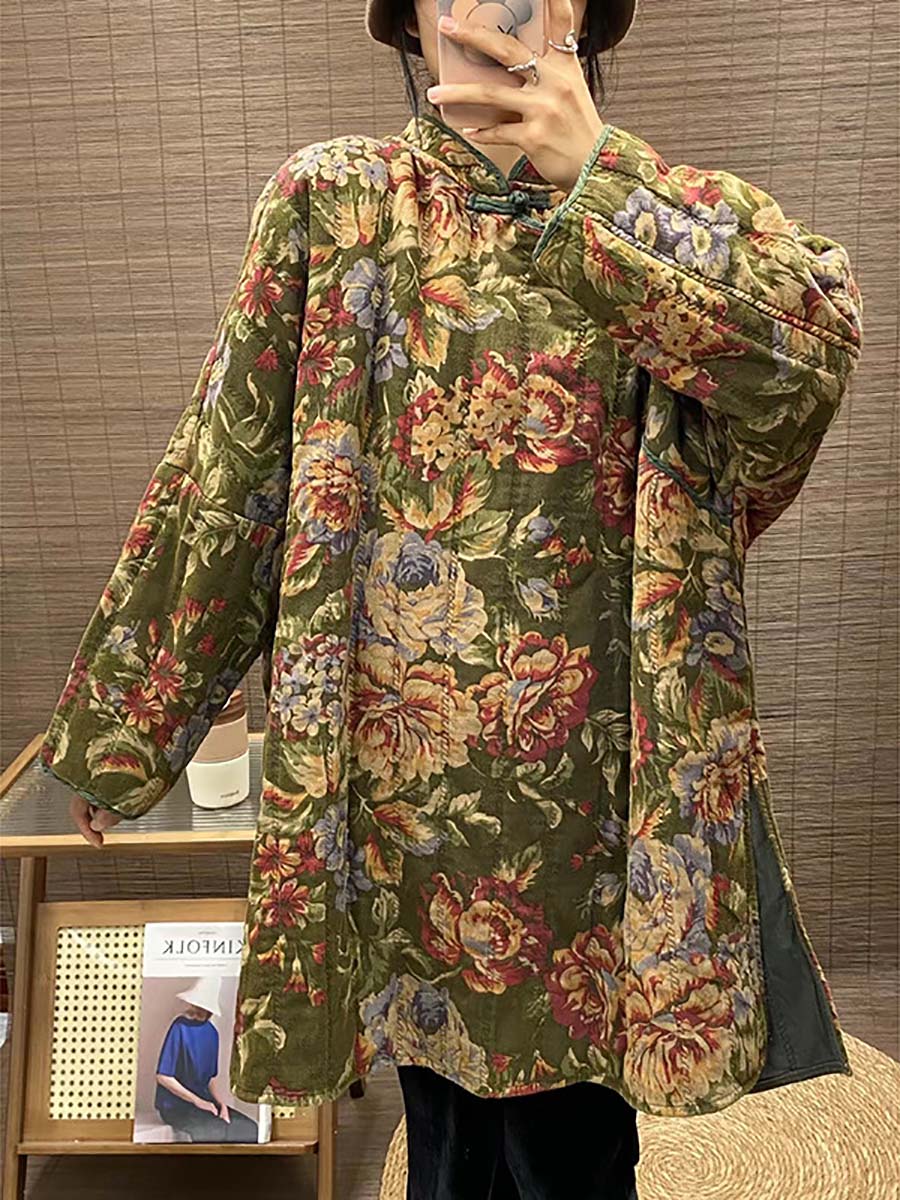 Winter Button Print Splict Hem Coat
