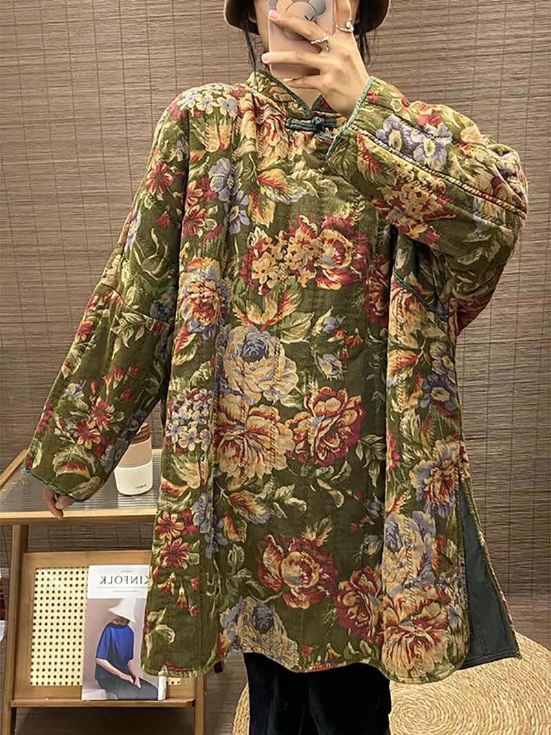 Winter Button Print Splict Hem Coat