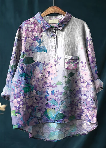 Purple Oversized Print Linen Shirt Top Spring