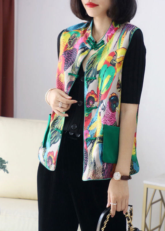 Retro Print Pockets Button Fall Sleeveless Vest