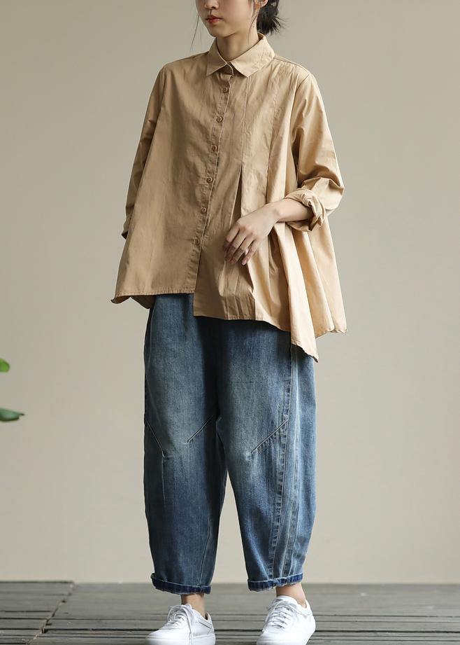 Organic Khaki Tunic Lapel Asymmetric Short Shirt