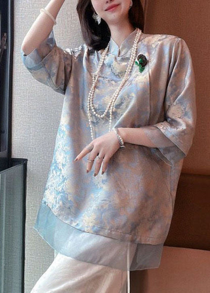 Original Design Light Blue Tulle Patchwork Jacquard Cotton Blend Shirts Half Sleeve