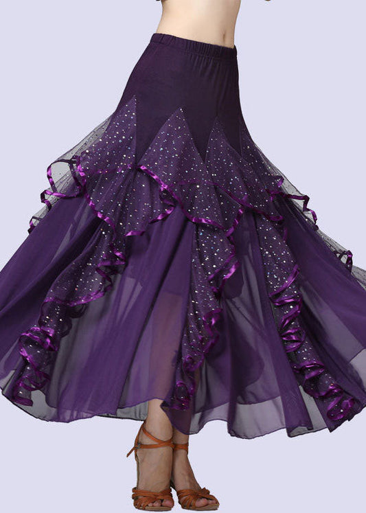 Purple Wrinkled Tulle Patchwork Sequins Cotton Skirts Summer
