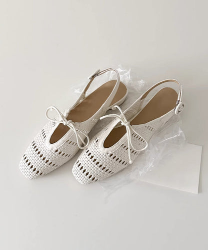 French Beige Sheepskin Bow Splicing Hollow Out Sandals