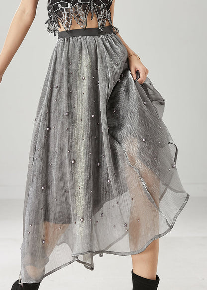 Classy Grey Nail Bead Tulle a Line Skirt Spring