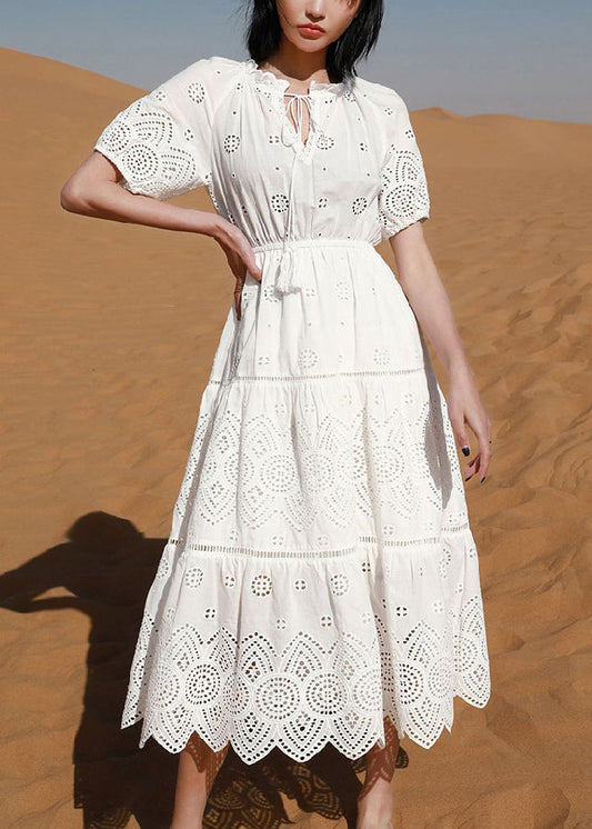 White Hollow Out Lace Up Cotton Long Dress Summer