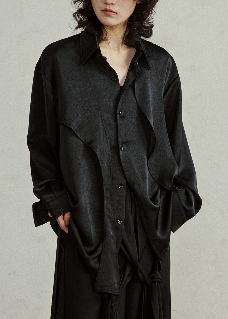 Black Asymmetrical Button Top Lantern Sleeve