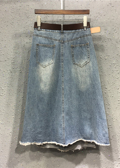 Blue Patchwork Elastic Waist Sashes Denim a Line Skirts