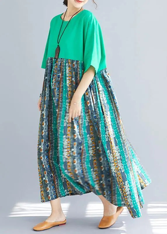 Classy Patchwork Prints Cotton Dresses Ideas Green O Neck Dresses Sundress