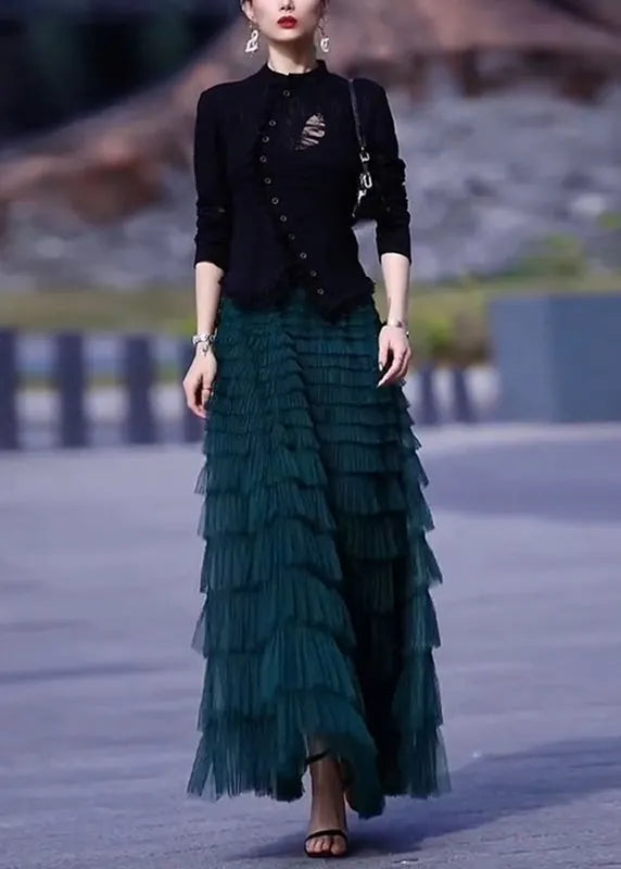 French O-neck Button Top and Tulle Pleated Skirt Two Piece Set Spring