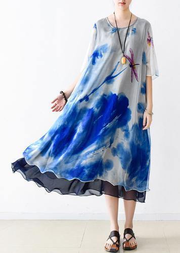 O Neck Pockets Chiffon Long Shirts Indian Sleeve Blue Print Dress Summer