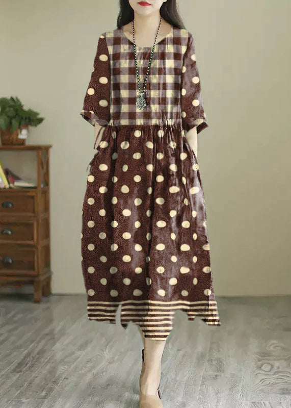 Green O-neck Print Wrinkled Long Dress Summer