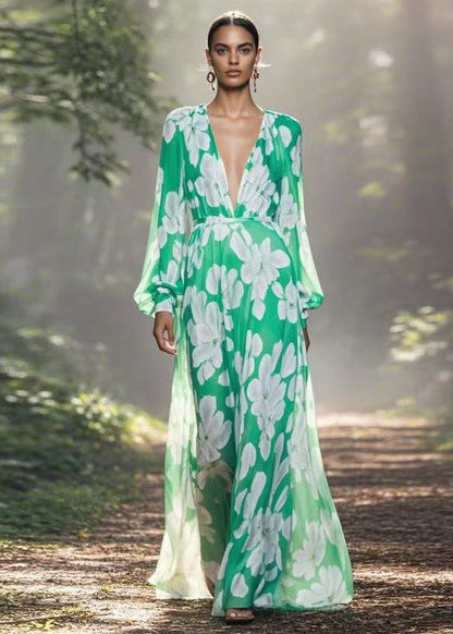 European and American Style V Neck Print Chiffon Maxi Dress Spring