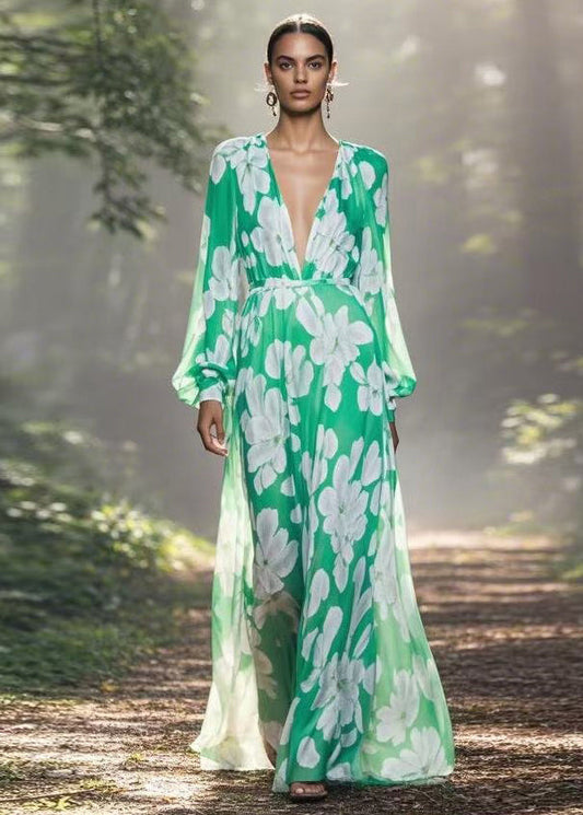 European and American Style V Neck Print Chiffon Maxi Dress Spring