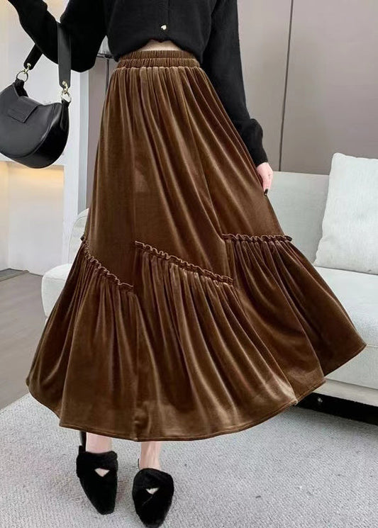 Coffee Ruffled Patchwork Elastic Waist Velour Skirt Spring