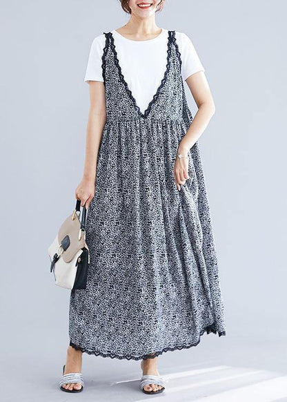 100% Black V Neck Chiffon Quilting Dresses Lace Ruffles Maxi Summer Dress