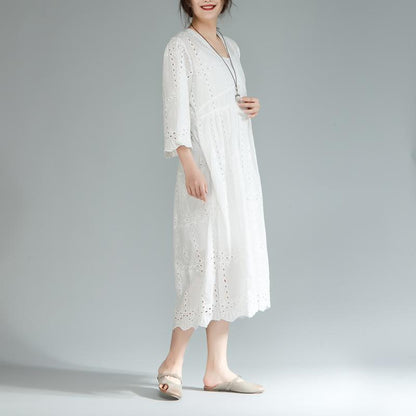 Baggy Cotton Sundress Two Pieces Set V Neck Three Quarter Sleeve White Dress