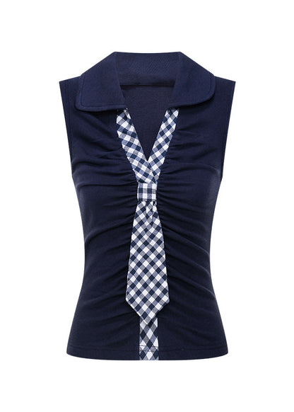 Navy V Neck Patchwork Cotton T Shirt Tops Sleeveless