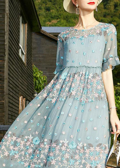 Blue O-neck Embroidered Ruffled Silk Vacation Dresses Short Sleeve