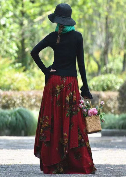 Red Wrinkled Asymmetrical Print Corduroy Skirts Spring