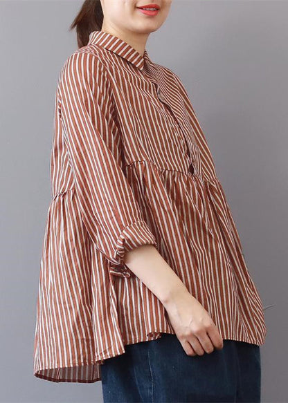 Boutique Red Striped Linen Blouse Traveling Clothing Fine Patchwork Lapel Collar Linen Blouses