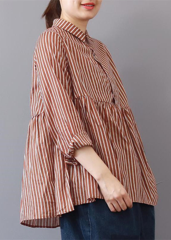 Boutique Red Striped Linen Blouse Traveling Clothing Fine Patchwork Lapel Collar Linen Blouses