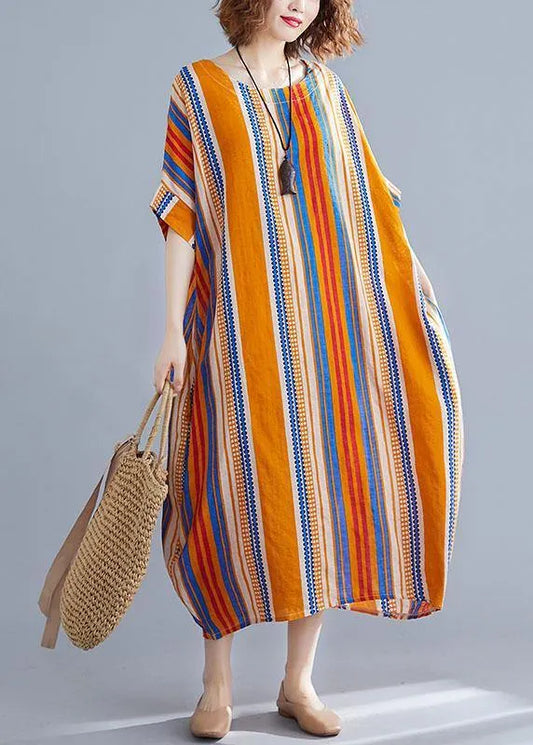 Orange O-neck Striped Summer Cotton Maxi Dresses