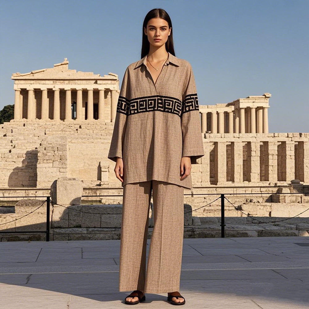 Women's Vintage Greek Key Embroidered Linen Button Shirt elevenforest