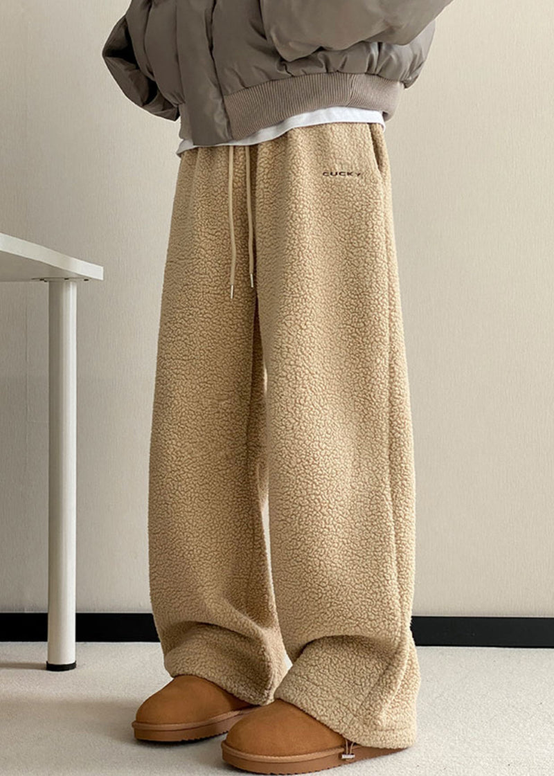 Khaki Pockets Elastic Waist Teddy Faux Fur Pants Winter