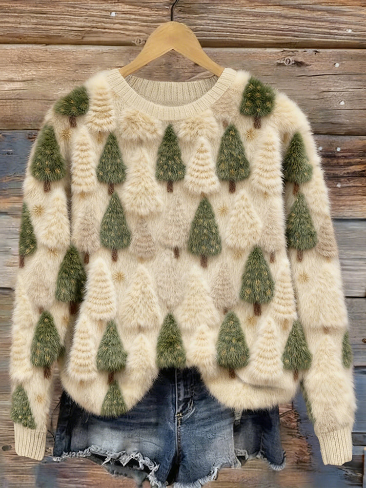 Comstylish Vintage Christmas Trees Inspired Round Neck Plush Sweater