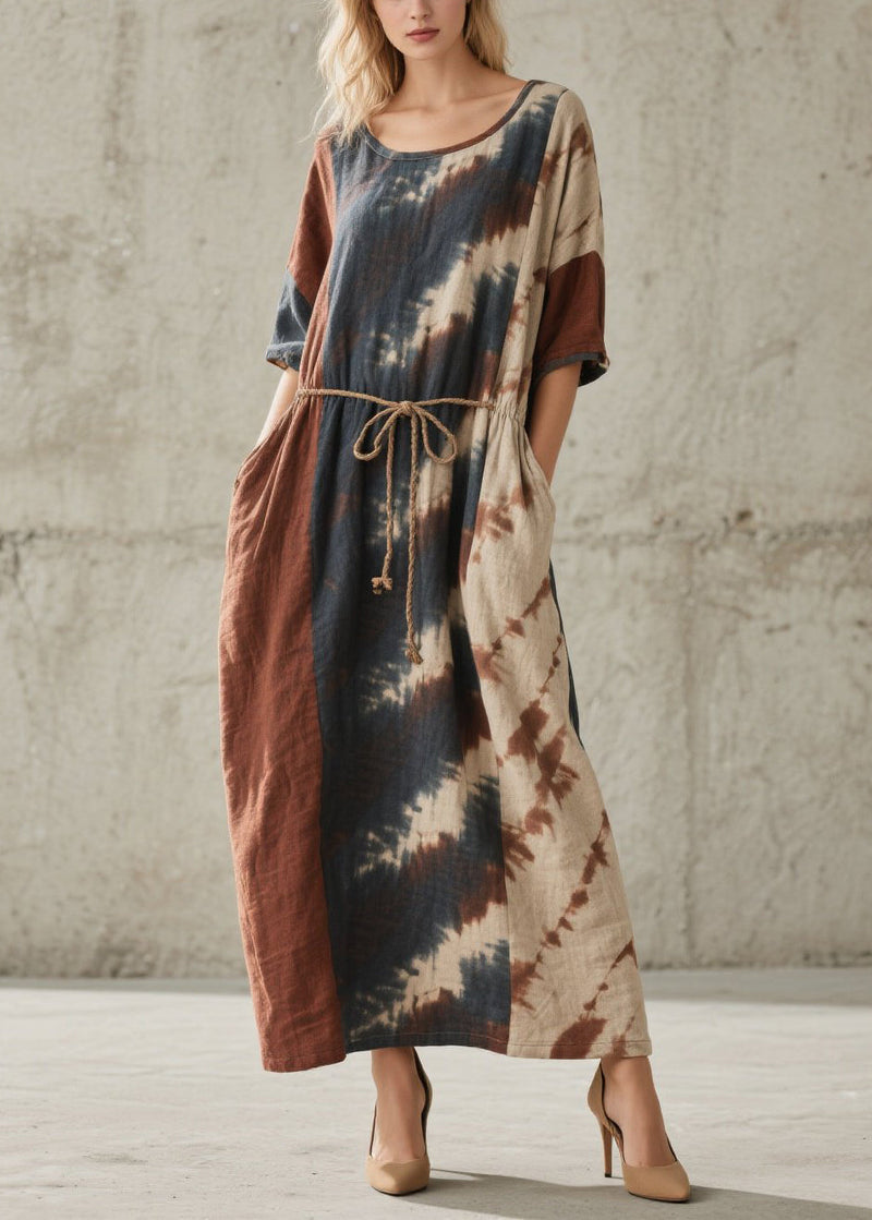 O Neck Tie Dye Lace Up Pockets Cotton Dresses Summer