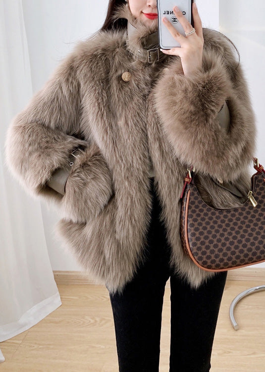 French Cocoa Faux Leather and Faux Fur Coat Winter