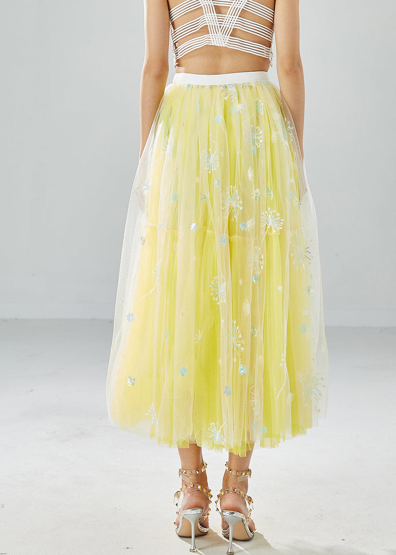 Yellow Dandelion Embroideried Wear on Both Sides Tulle Skirts Summer