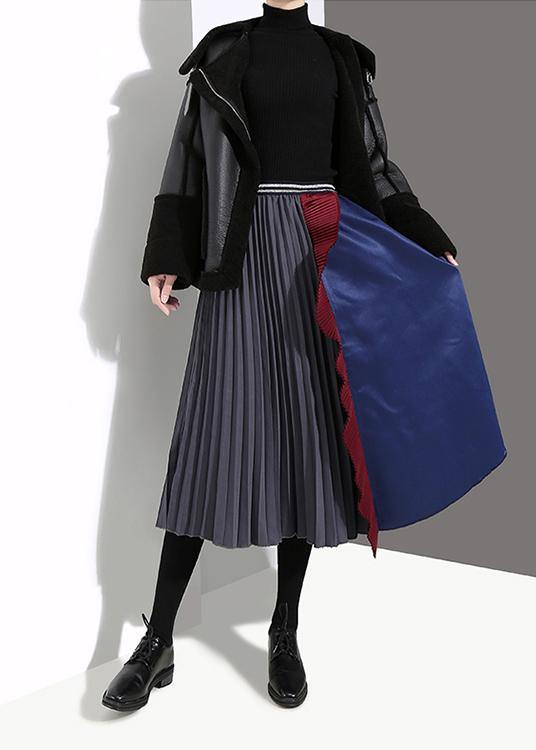 Woman Multicolor Patchwork Pleated Skirt A-line Ruffles Patchwork High Waist Skirt