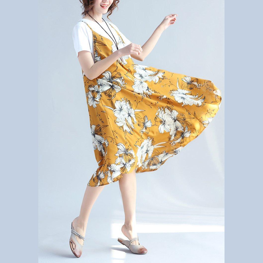 Yellow Prints Midi-length Chiffon Sleeveless Dress Traveling Dress and Cotton Tops Two Pieces
