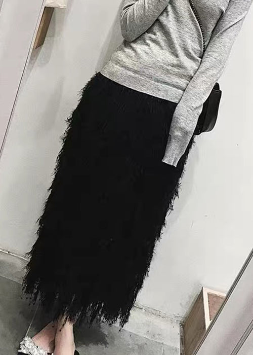Black Feather Knit Spring Skirts High Waist