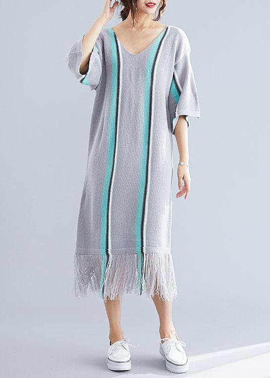100% Gray Tassel Cotton Tunic V Neck Loose Dresses
