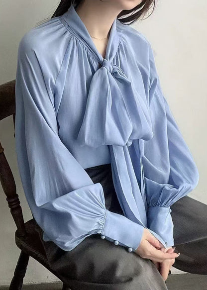 Blue Bow Oversized Silk Tops Lantern Sleeve