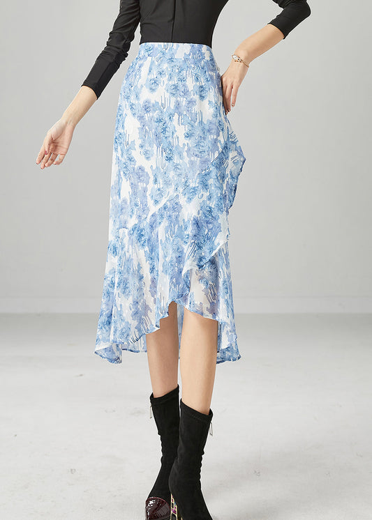 Light Blue Asymmetrical Print Chiffon Skirt Summer